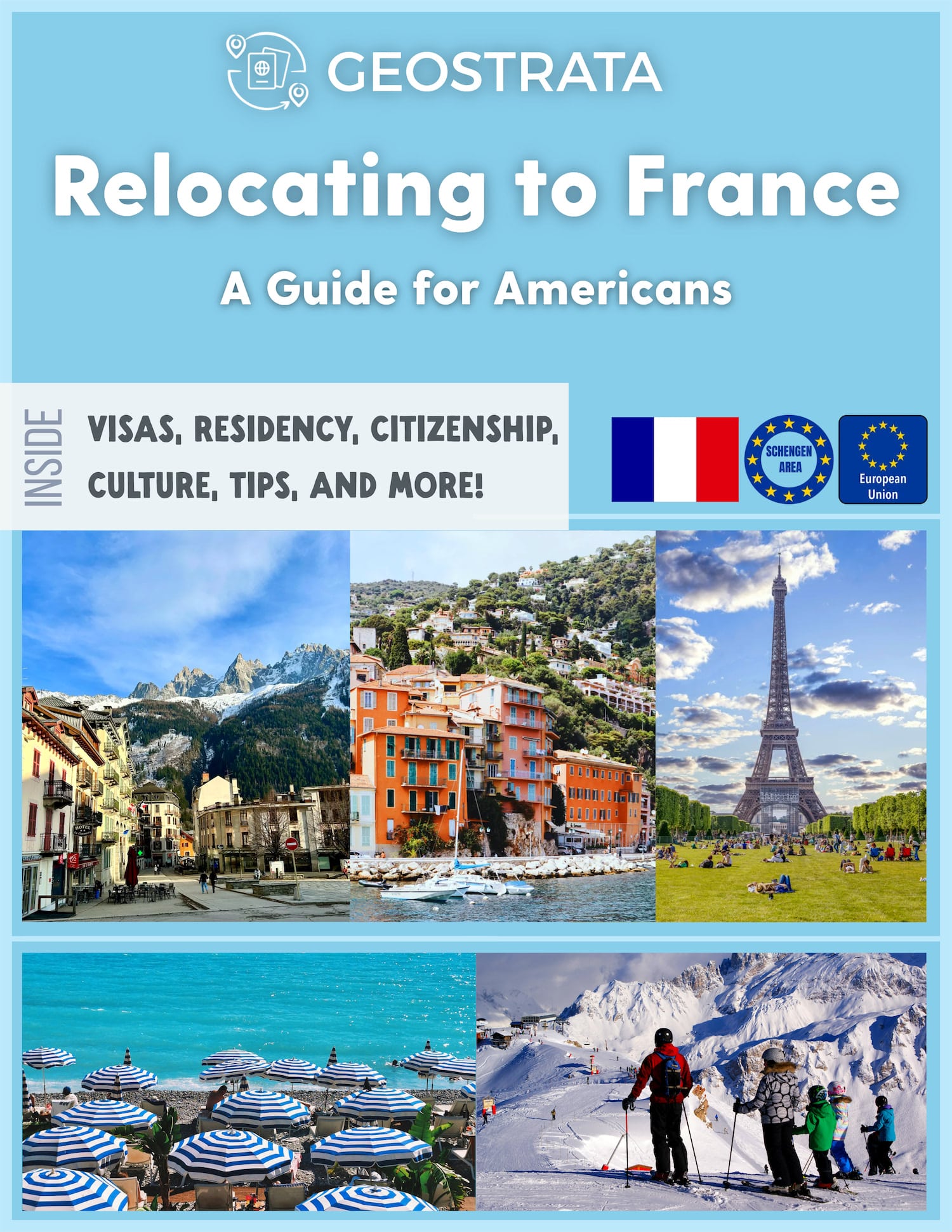 Collage of European destinations: hillside town, harbor, Eiffel Tower, sunny beach with striped umbrellas, and snowy mountains with skiers.