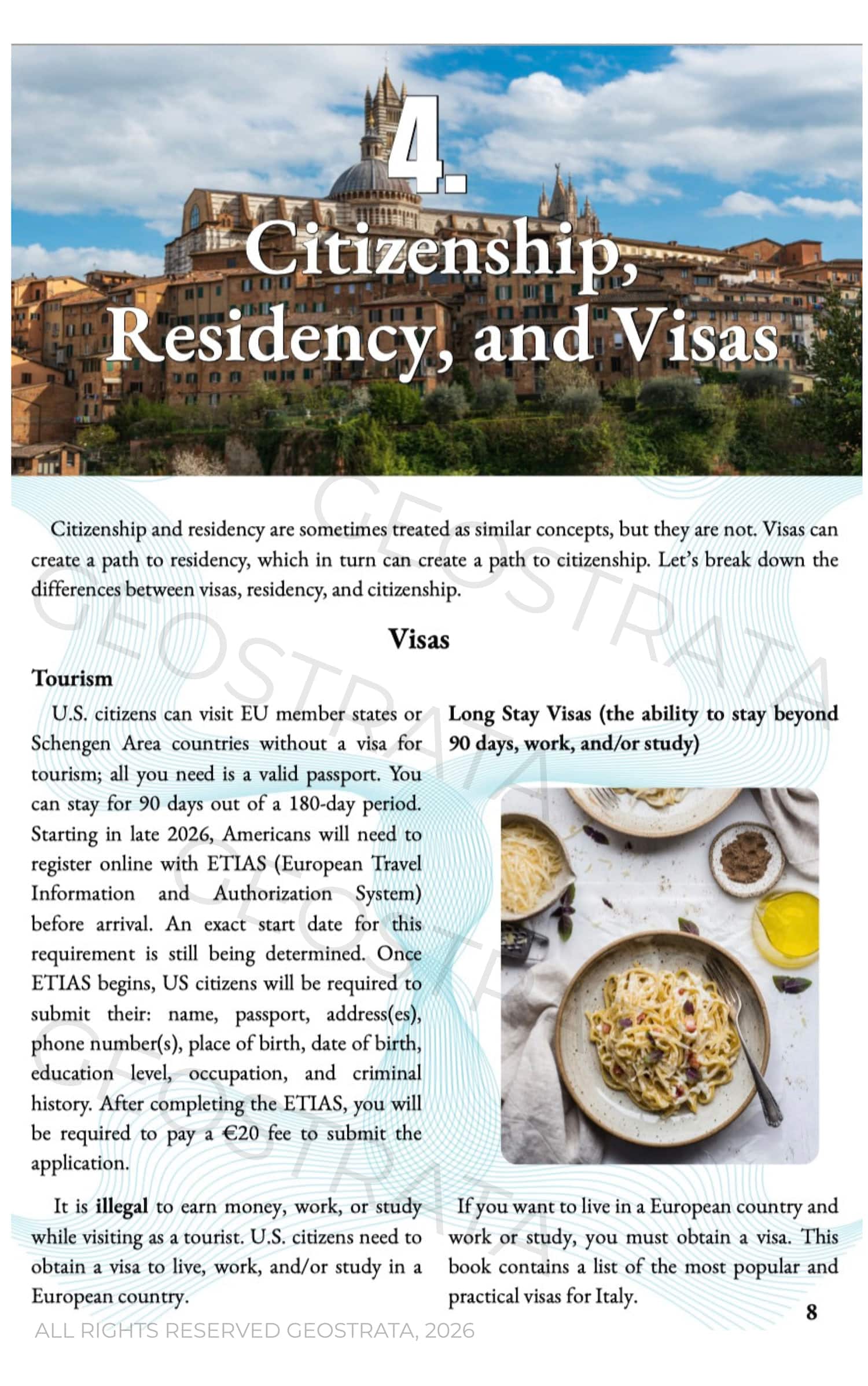 Page header showing a Italian hill town with the title '4. Citizenship, Residency, and Visas' overlaid on the image and text about visas.