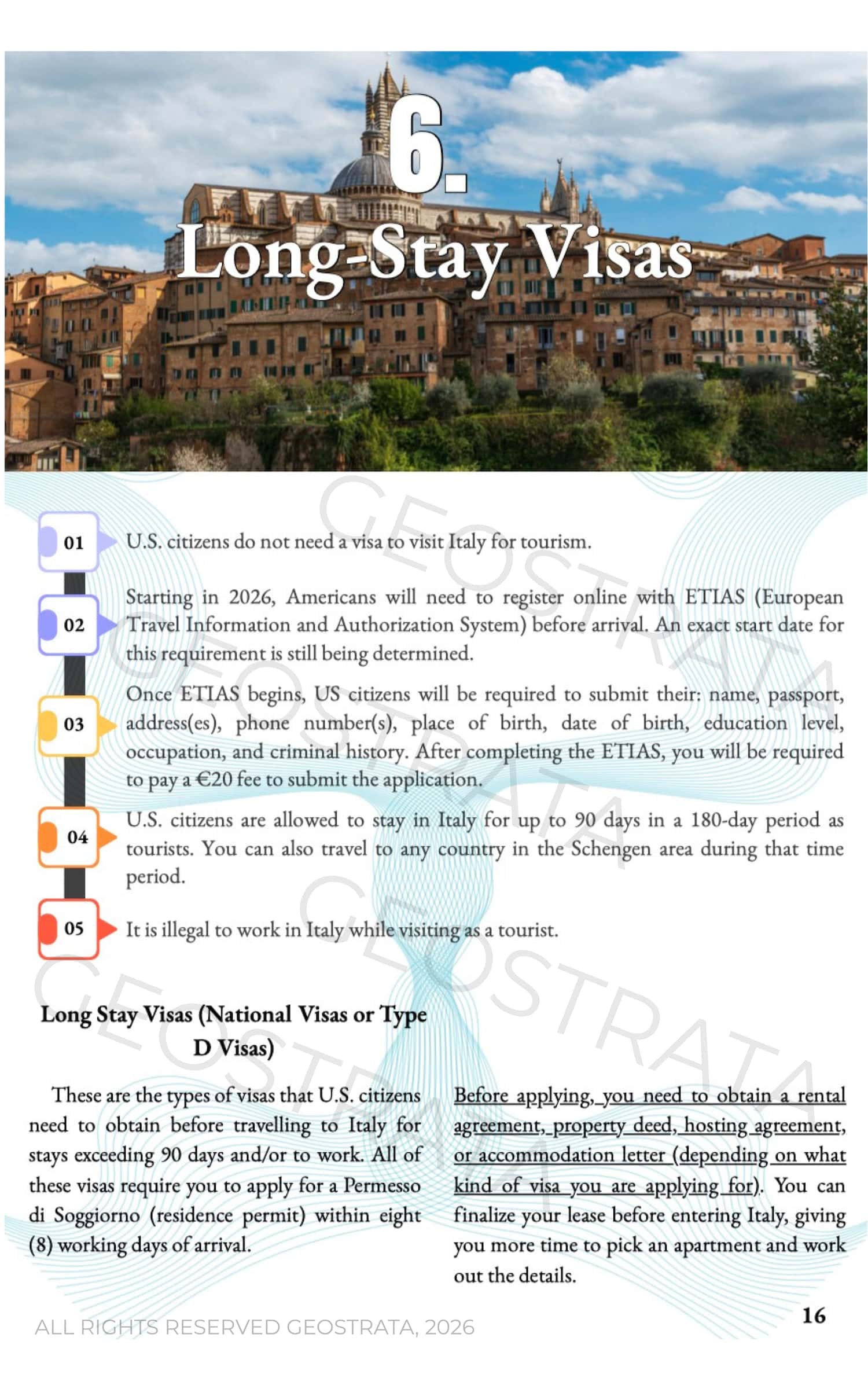 Section 6: Long-Stay Visas infographic header over a Italian hillside town, with a numbered list of visa requirements visible below.
