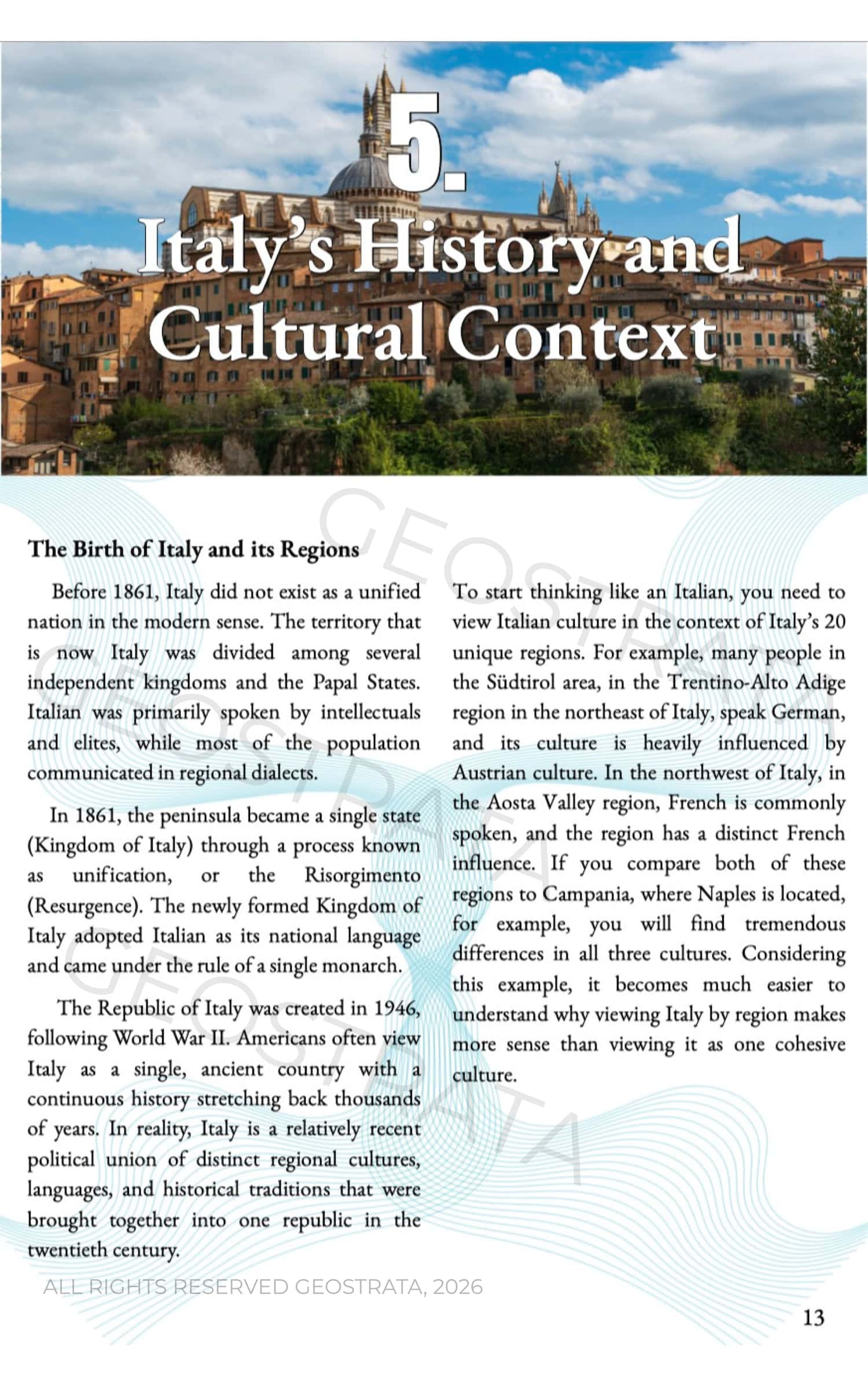 Chapter 5: Italy's History and Cultural Context; photo of a Tuscan hill town with a domed church under a blue sky.