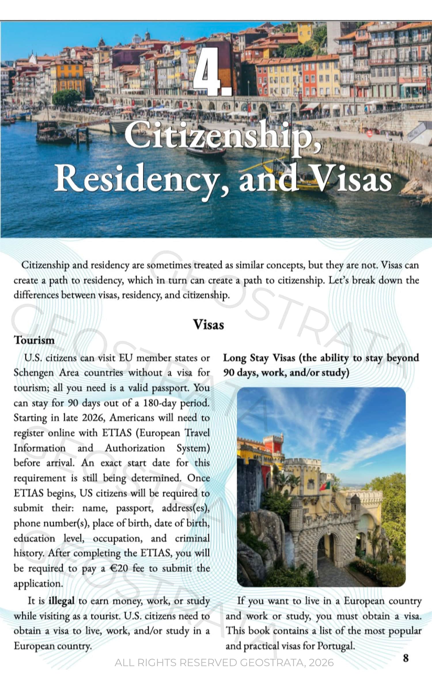 Chapter header '4. Citizenship, Residency, and Visas' over a colorful coastal town photo with harbor and boats, setting the page context for the section. (informative)