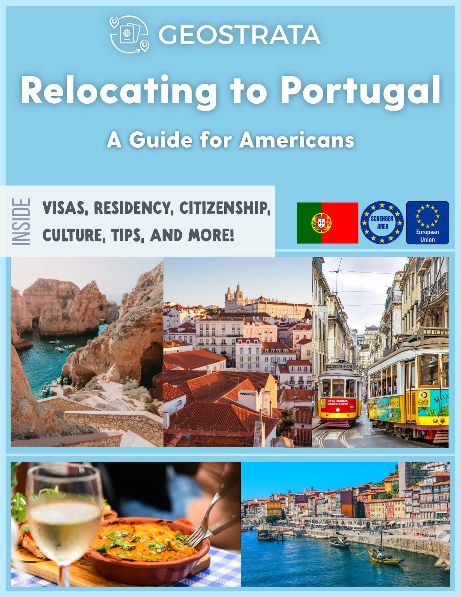 Geostrata guide cover: Relocating to Portugal — A Guide for Americans, with Portugal flag and EU logos over a city collage.