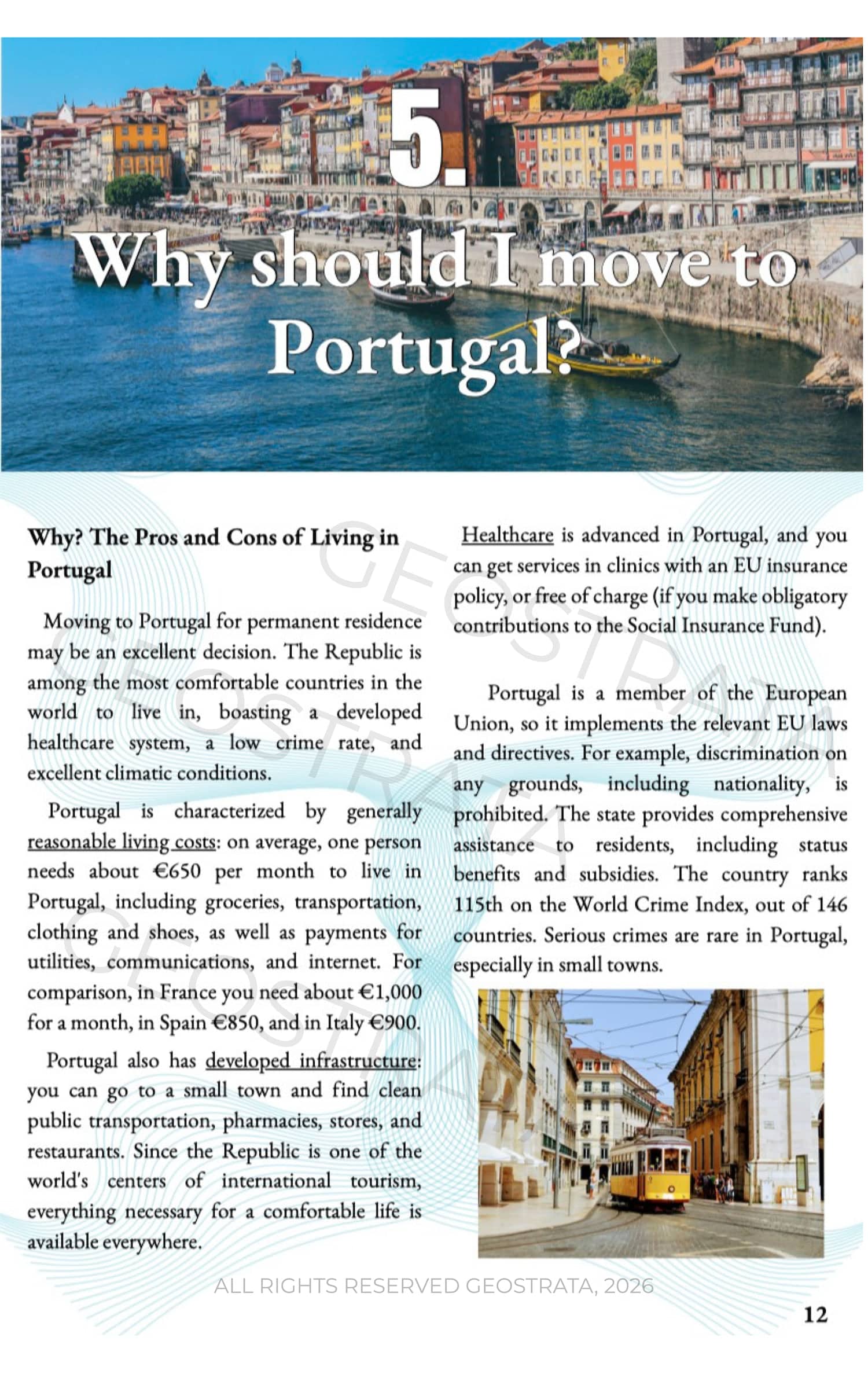 Page showing a magazine article titled 'Why should I move to Portugal?' with two text columns and a street photo of colorful buildings by the water.
