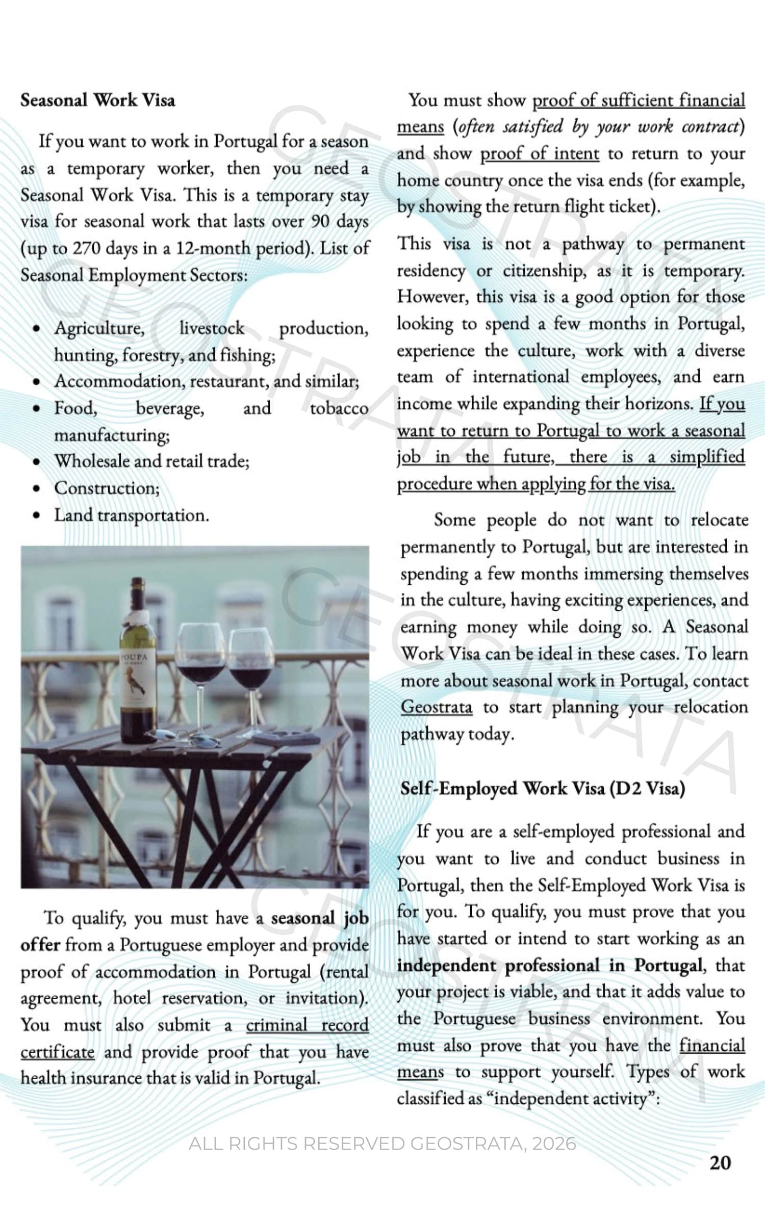 Brochure page about Seasonal and Self-Employed Work Visas; bottom left shows a table with wine bottle and glasses.