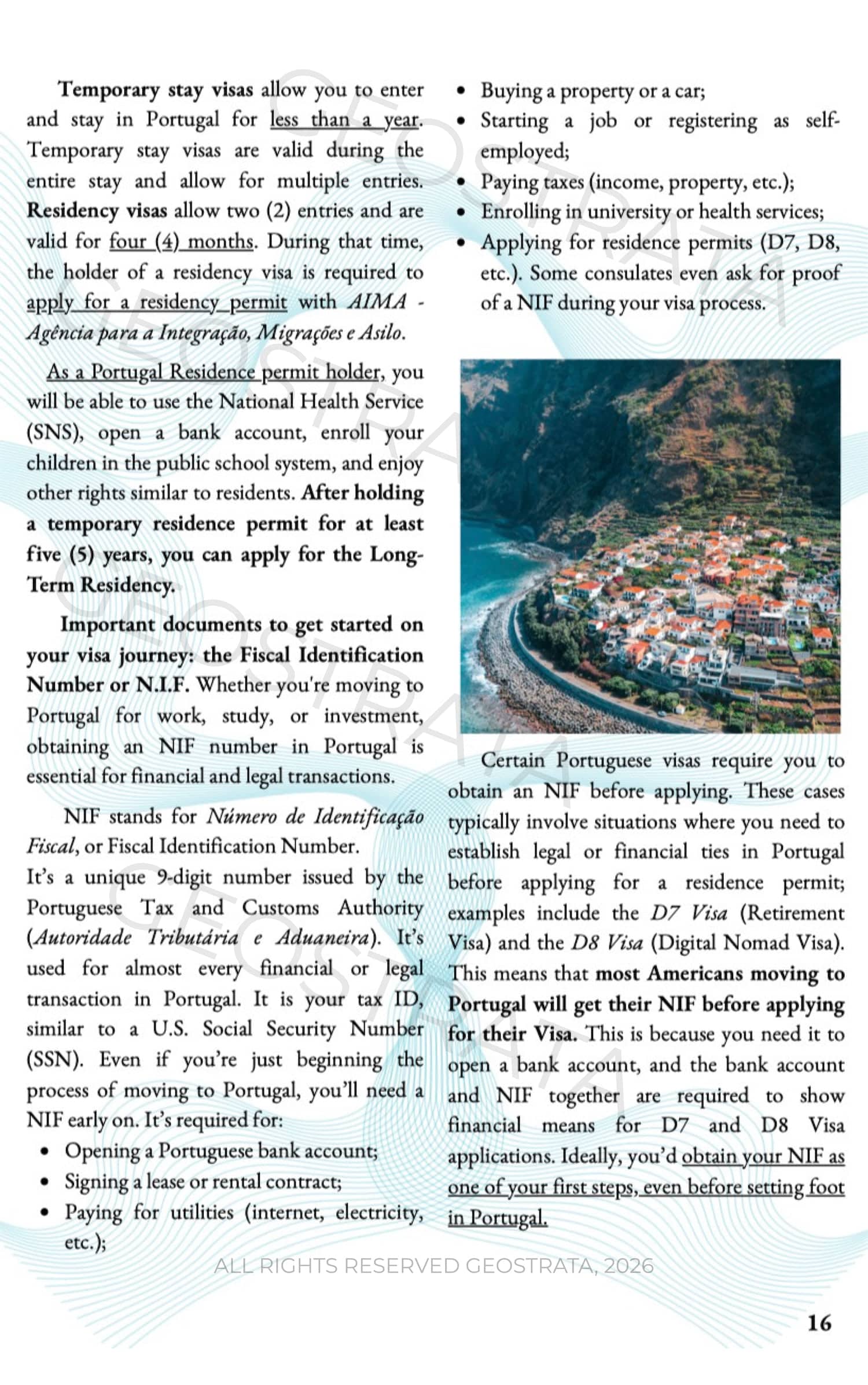 Informational page about Portugal visa types (temporary and residency) with bullet points and a photo of a coastal town on the right.