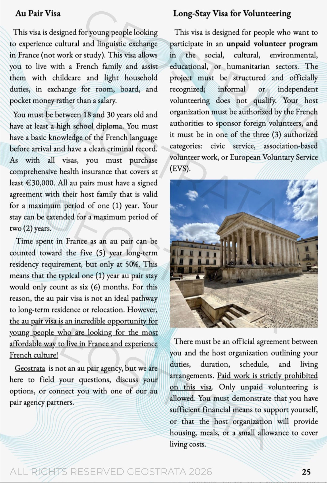Two-column page text about Au Pair Visa and Long-Stay Visa for Volunteering; bottom-right shows a neoclassical government building photo.