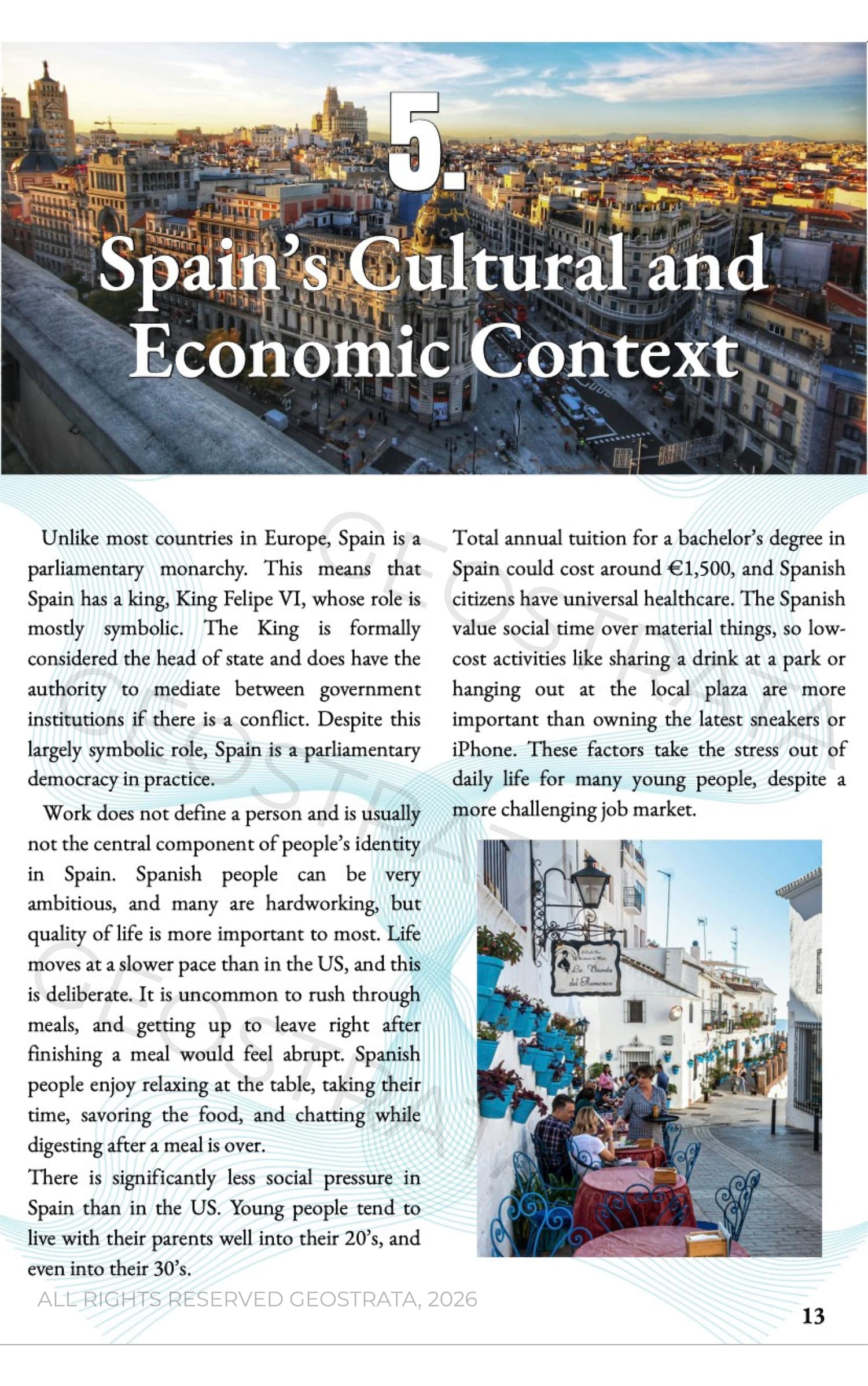 Section cover: '5. Spain's Cultural and Economic Context' over a panoramic Madrid-style cityscape, with text columns and a street cafe photo below.