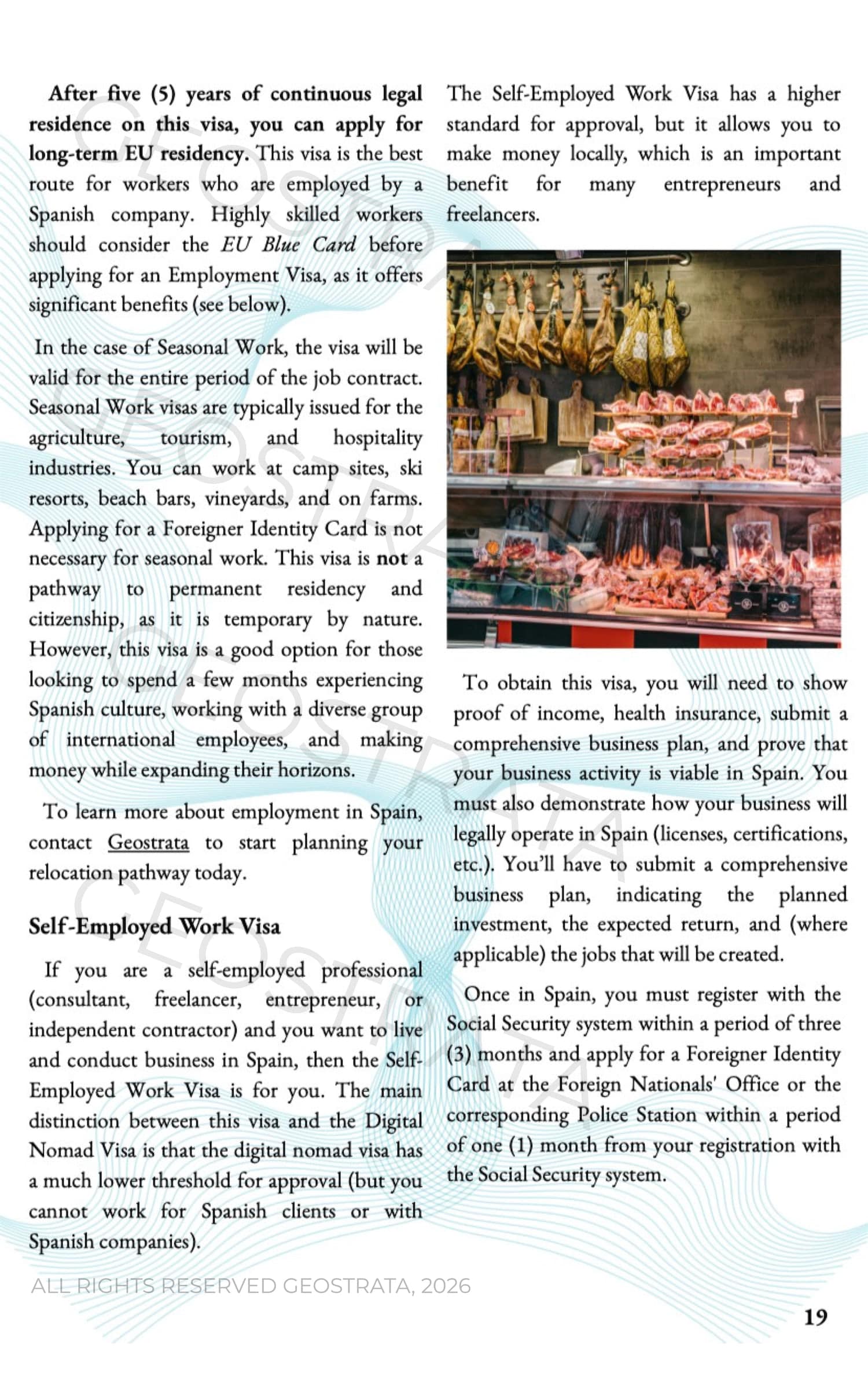Page from a brochure about self-employed work visas; right column shows a meat market display photo.