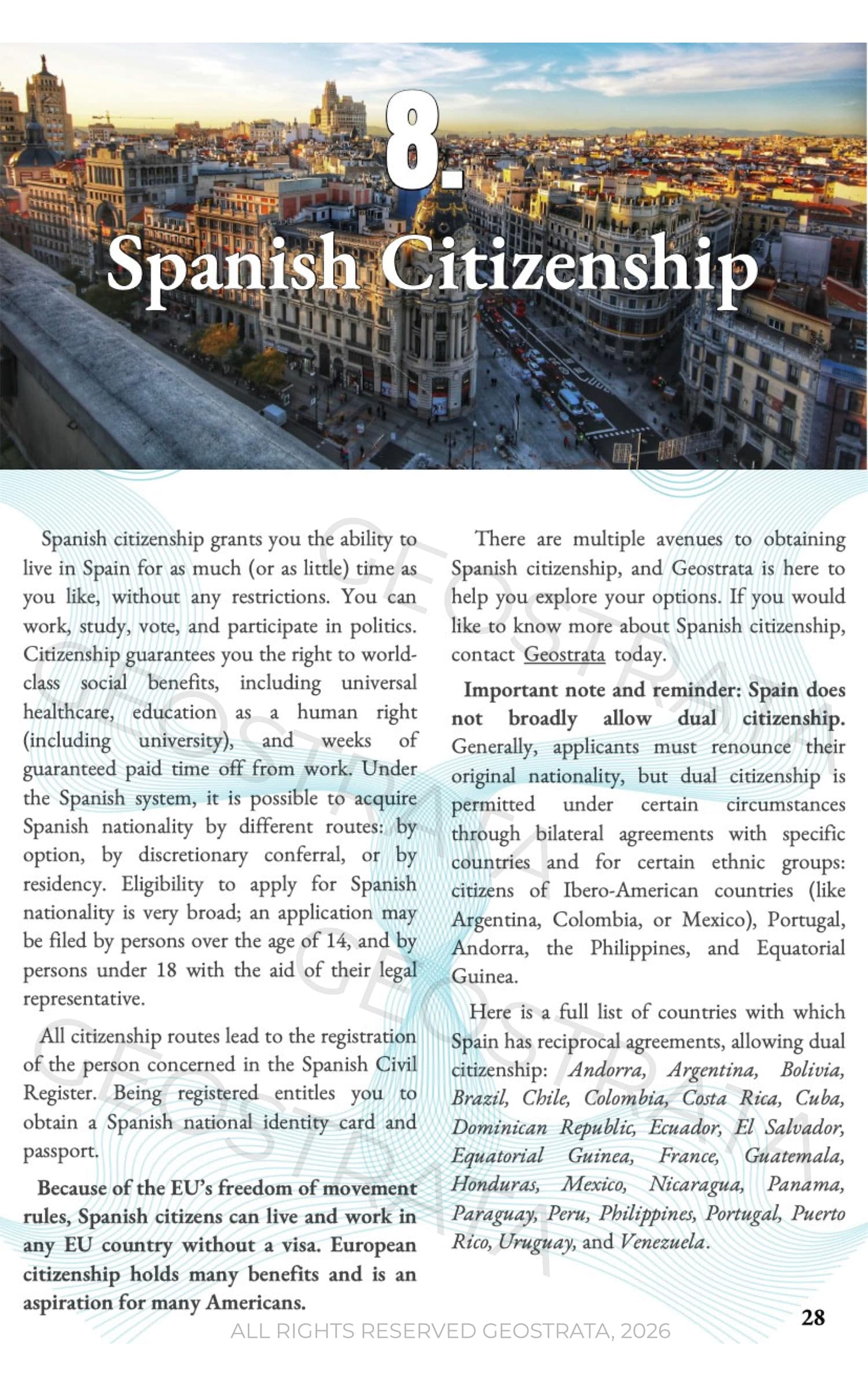 A city skyline with a large '8. Spanish Citizenship' heading overlay, as in an informational brochure page about Spanish citizenship requirements.