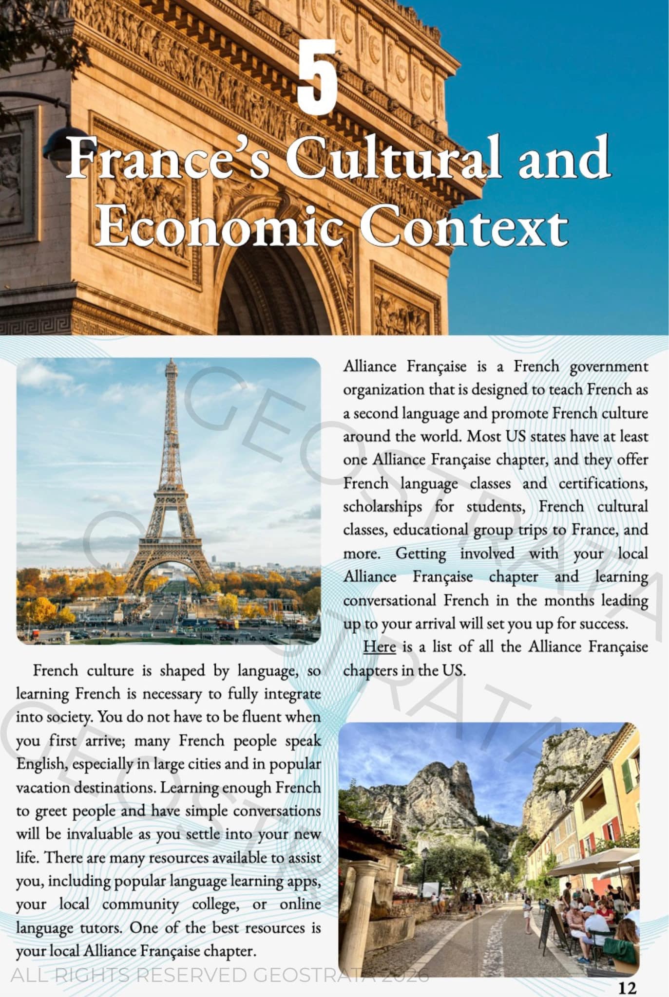 Chapter cover with Paris landmarks and the title 'France's Cultural and Economic Context' over Arch de Triomphe imagery.